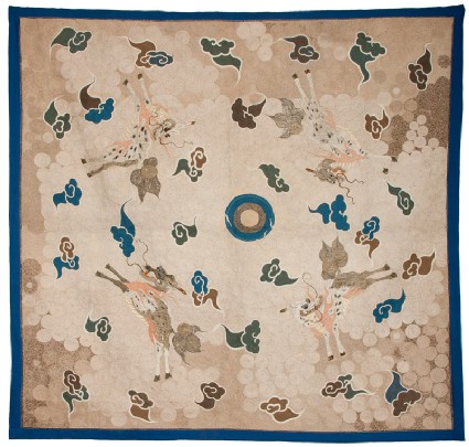 Silk hanging or tablecloth with pearl, stylized clouds, and four kirin, or horned creaturesfront, Cat. No. 7