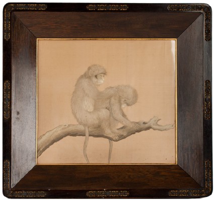 Pair of macaque monkeys on a branch, one grooming the otherfront, Cat. No. 27