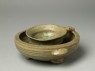 Greenware tripod vessel with inner bowl (oblique)