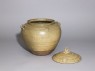 Greenware jar and cover with two birds (oblique, open)
