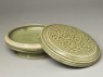 Greenware circular box and lid with floral design (oblique, open)
