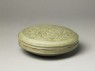 Greenware circular box and lid with peony decoration (oblique)