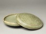 Greenware circular box and lid with peony decoration (oblique, open)