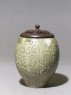 Greenware jar with floral decoration and modern lid (side)