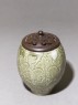 Greenware jar with floral decoration and modern lid (oblique)