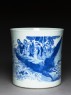 Blue-and-white brush pot with demons in a river (oblique)