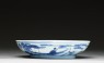 Blue-and-white dish with figures in a landscape (side)