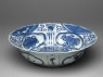 Blue-and-white kraak style bowl with banana leaf and flowers (oblique)