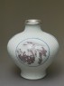 Baluster vase with cartouches depicting Mount Fuji, samurai, and chickens (oblique)