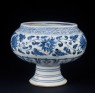 Blue-and-white stem bowl with lotus flowers and mandarin ducks (oblique)